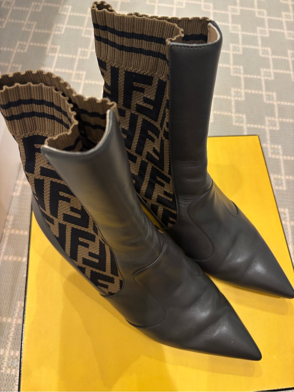Fendi Black Leather Pointed Sock Boots with Brown FF Monogram